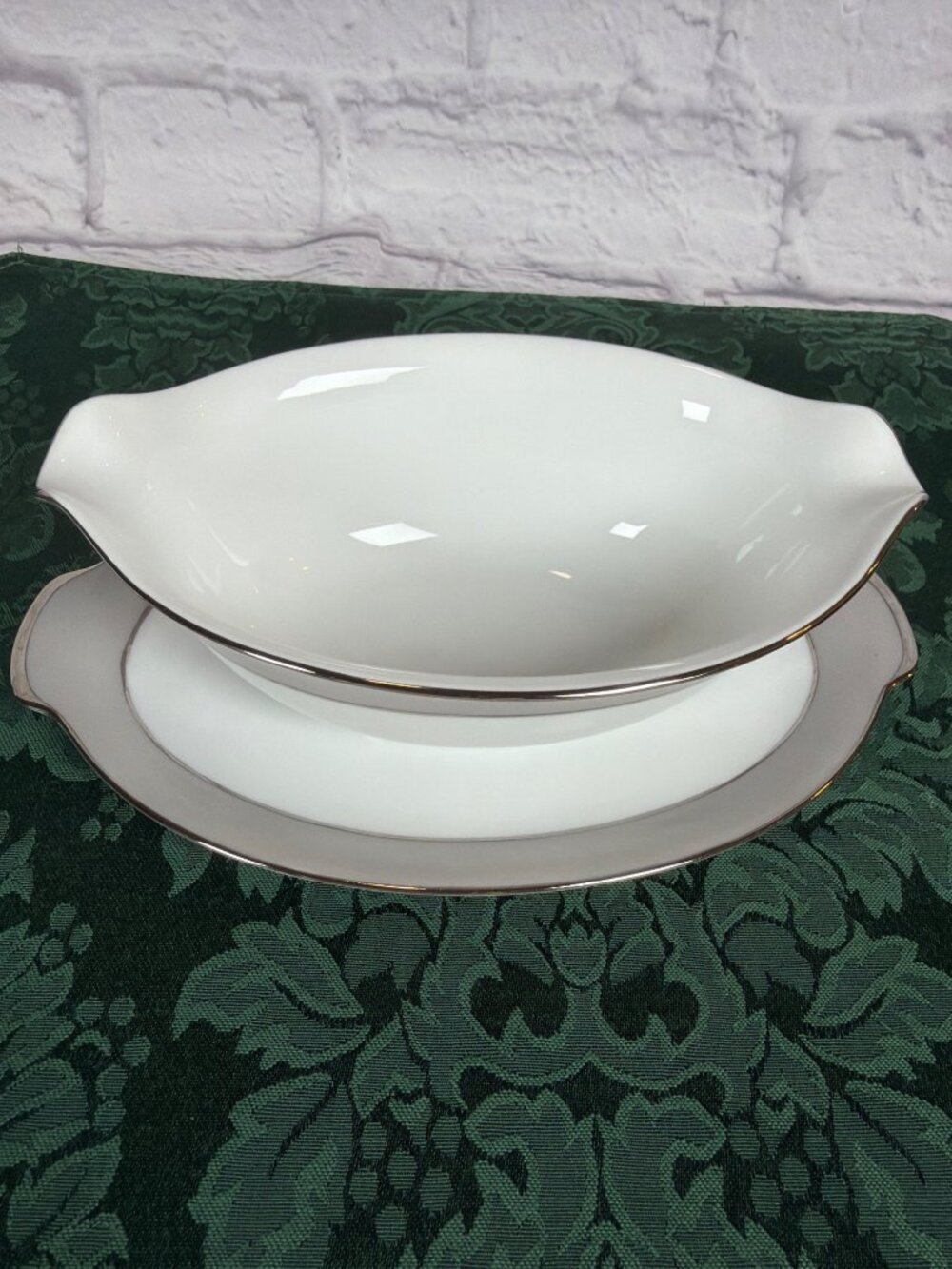VTG Sango Platina 9in Gravy Sauce Boat Attached Underplate White Platinum Japan - Picture 11 of 14